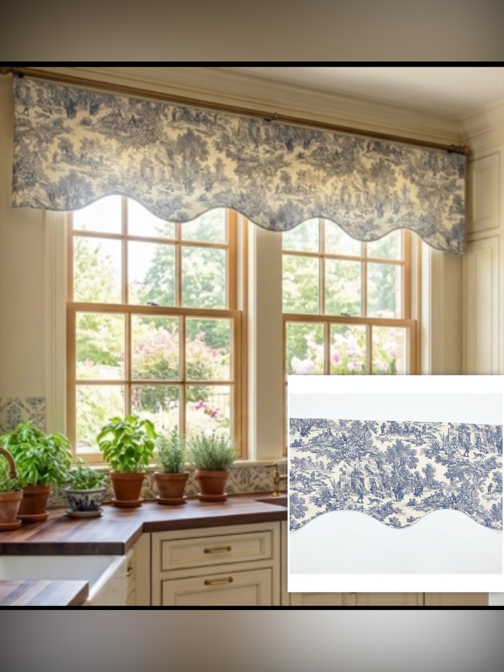 Charming French Country Blue White Toile Scalloped Curtain Window Valance 70”x17